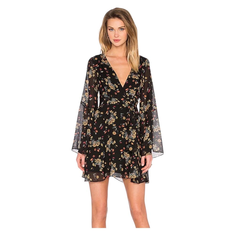 Free People Lilou Mini Dress Womens Medium Black Floral Kimono Boho Flowy